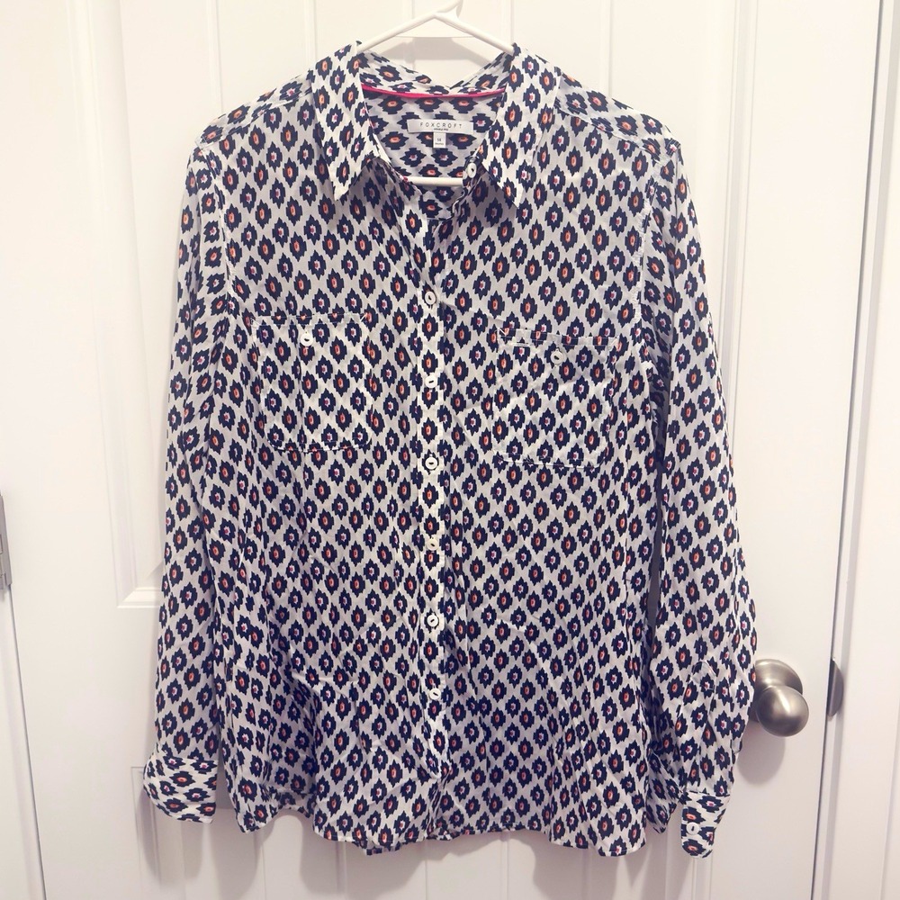 Foxcroft Womens Wrinkle Resistant Long Sleeve Button Up Shirt Size 14 Geometric